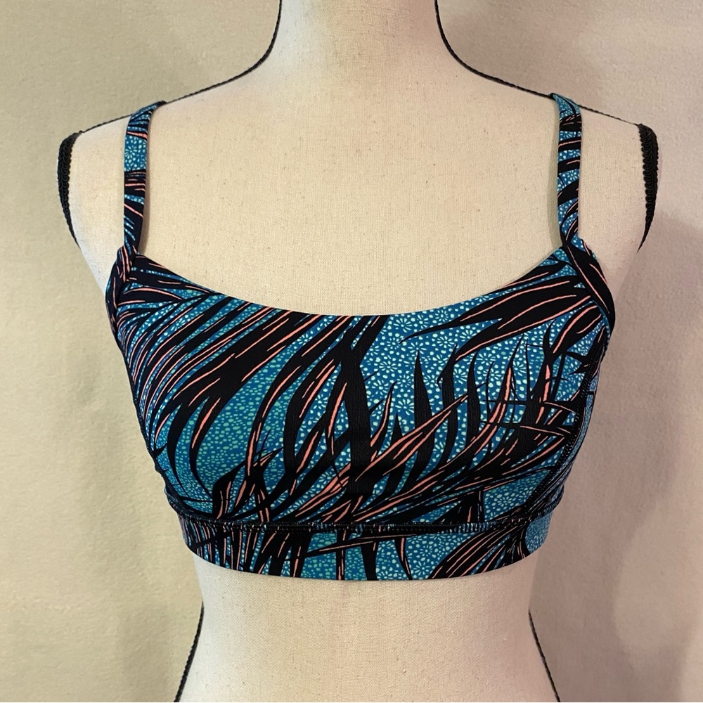 Lululemon Rise and Run mini palm lace tofino teal multi black sports bra, size**